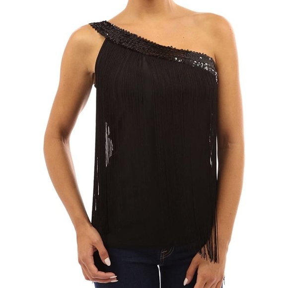 PATTYBOUTIK Womens Sequin, One Shoulder Fringe Top, Black, X-Large - Picture 1 of 5